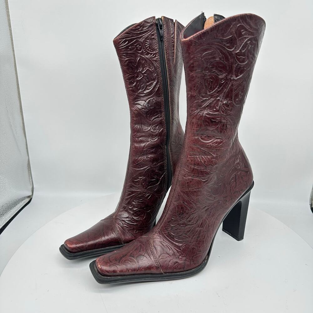 Steve Madden Brisa Floral Embossed Red Brown Leather Square Toe Boots Womens 6.5